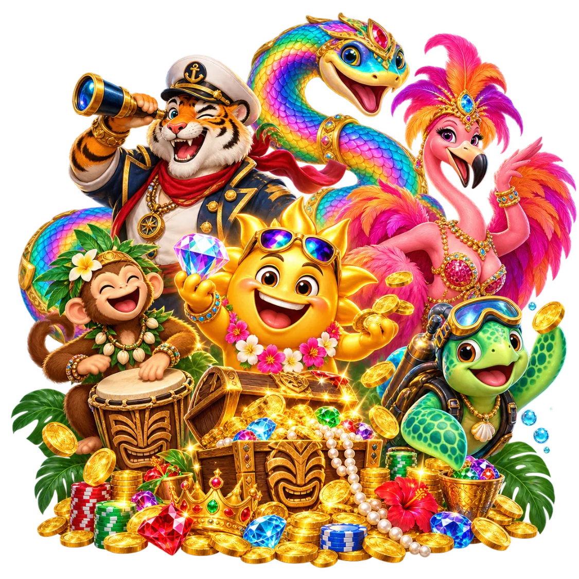 The FUNHQ mascot crew — a captain tiger, rainbow serpent, carnival flamingo, drumming monkey, sunglasses sun and a scuba turtle — piled on a treasure chest of gold coins and gems